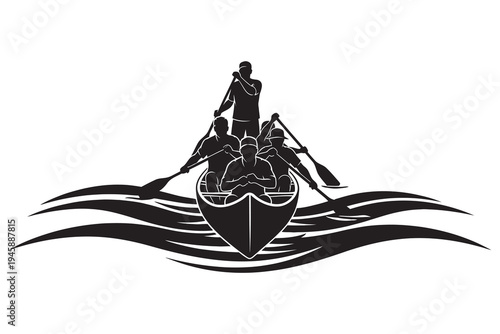 Black and white illustration of a scuba diver in a boat