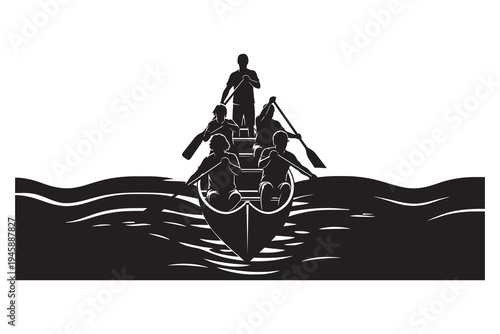 A lone sailor standing on a ship sailing through dark waters