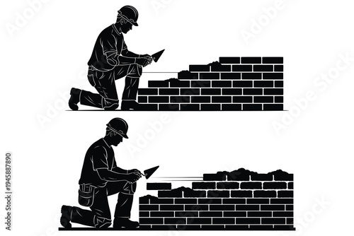 Mason building and repairing a brick wall with trowel