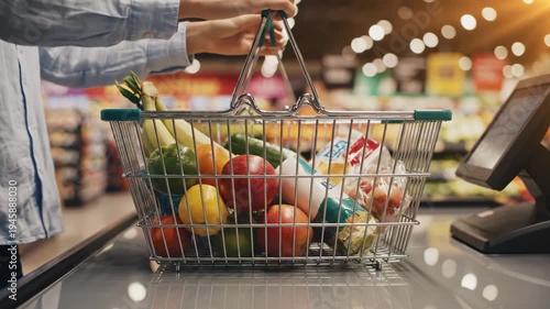 Video of Supermarket Basket Placement Shot – Metal handle motion, market vibe highlighting grocery shopping routine, consumer lifestyle and retail environment theme for commercial advertising and