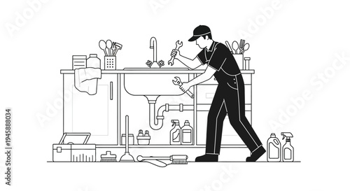 Plumber repairing sink with tools kitchen setting black and white silhouette