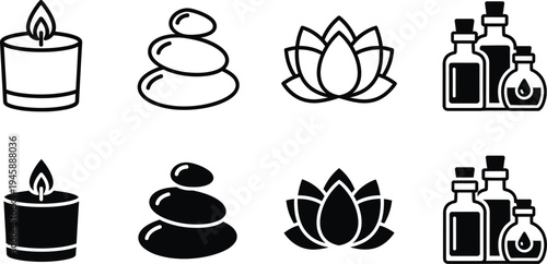A set of eight black and white icons representing various spa and wellness elements