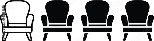 Four armchairs arranged in a row with one empty and three filled seats.