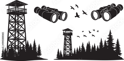 Watchtower and binoculars in forest landscape illustration design