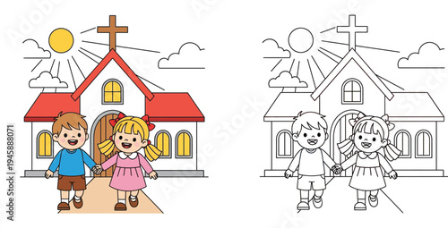 Children Going to Church - Joyful Boy and Girl Hand-in-Hand