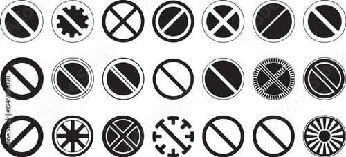 Collection of various black and white prohibition signs and symbols