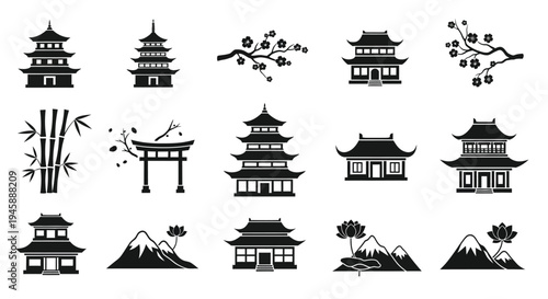 Japanese architecture and natural elements in a minimalist black silhouette