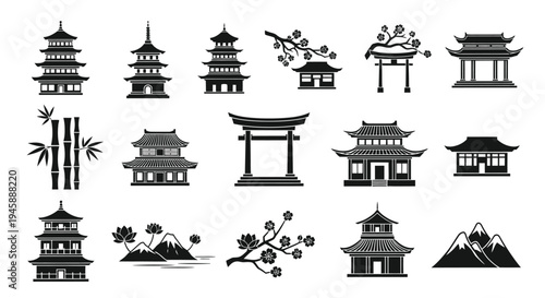 Collection of traditional japanese architecture and natural elements silhouette high quality