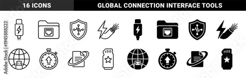 Data connectivity and storage icons featuring hybrid concepts such as ethernet folder globe cable and fiber optic power line with speed timer