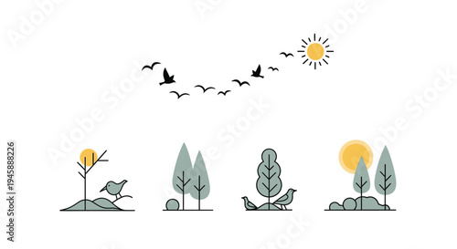 Birds flying towards a bright sun with simple trees a flat silhouette