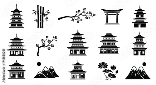 Japanese architecture and nature icons in a striking black silhouette