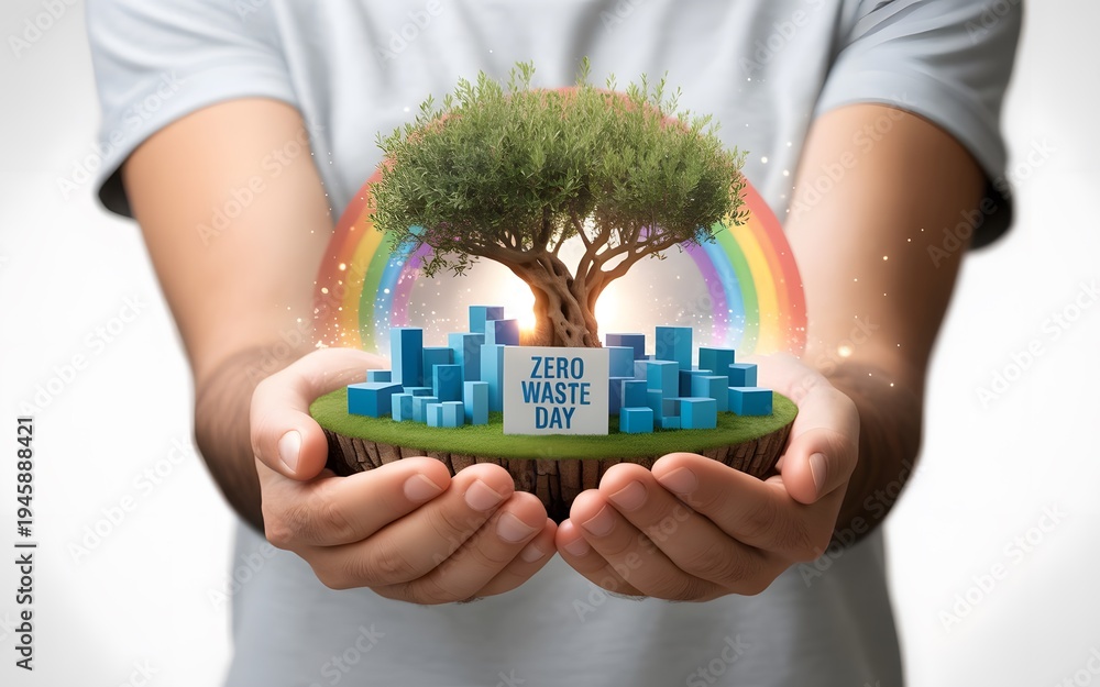 Obraz premium A person's hands delicately cradle a miniature world, featuring a tree, buildings, and a rainbow. It's a symbolic scene of environmental responsibility and sustainability.