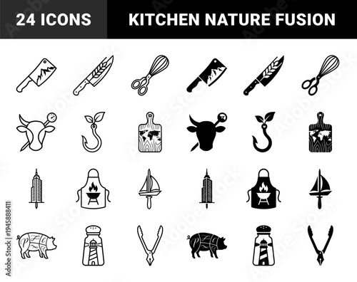 Black and white minimalist hybrid culinary icons combining kitchen tools with nature and travel elements like mountains wheat grain and lighthouses
