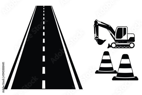 Road construction with excavator and traffic cones