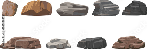 Vector illustration set of realistic stone boulders, flat rocks, and mountain cliffs isolated on white background for landscape nature design,