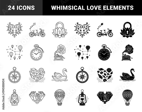 Romantic Hybrid Icon Set Featuring Floral Heart Ornaments Tandem Bicycle With Kite Lotus Lock Gramophone Rose And Nautical Shell Hearts