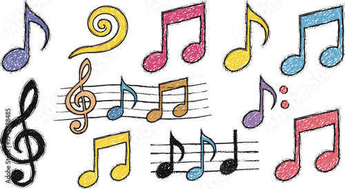 Colorful Music Notes Collection Hand Drawn Musical Symbols with Staff Clef and Notes Vector Illustration