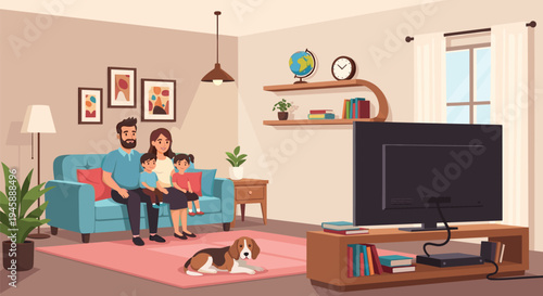 Happy family watching television together in living room home interior flat vector illustration