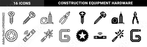 Hybrid construction tools merging manual hardware with organic and architectural elements featuring level sensors and foliage screwdrivers