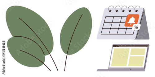 Productivity management, sustainability, scheduling, online tools, eco-friendly practices, green business. Green leaves, desktop calendar with reminder and laptop screen. Sustainability