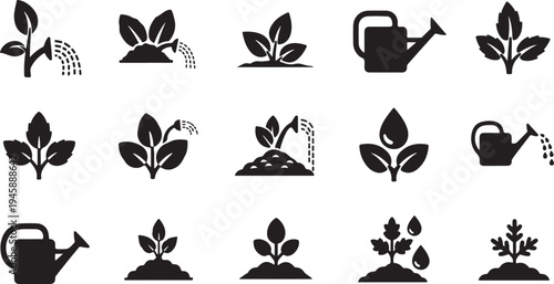 Plant Growth and Care Icons in Black and White