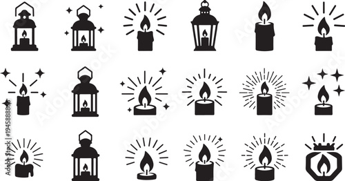 Black and white lantern icons with candle flames shining