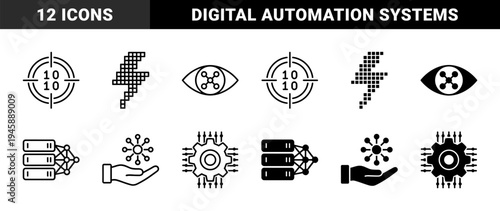 Data Intelligence and Automation Hybrid Symbols Featuring Binary Target Pixel Lightning Bolt Server Network Eye and Hand with Connectivity Node