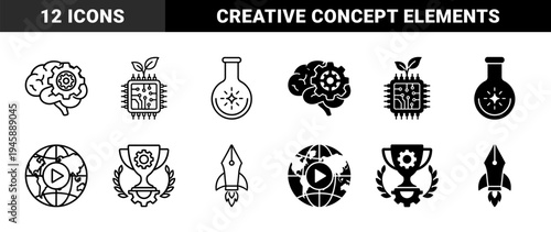 Hybrid conceptual icons featuring brain gear fusion green tech processor plant flask spark globe play trophy rocket pen and fingerprint target