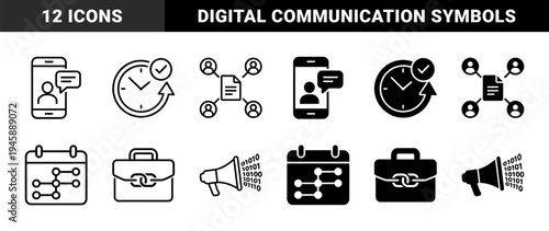Hybrid business and data communication icons merging conceptual symbols like briefcase chains and digital megaphones in outline and glyph styles