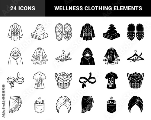 Wellness and Spa Apparel Icons Featuring Hybrid Zen Elements like Lotus Robes Monstera Slippers and Lavender Hangers in Outline and Glyph Styles