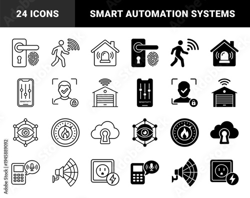 Smart home security and automation system icons featuring biometric locks motion sensors fire alarms climate control and pet tracking monitors