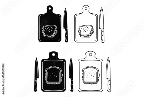 Black and white illustration of cutting boards and utensils