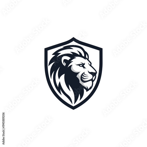 A fierce lion's head profile is depicted within a shield emblem.