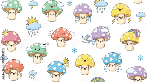 Cute Kawaii Mushroom Weather Characters Set with Rain, Sun, Wind, Lightning, Snow and Rainbow Adorable Cartoon Fungus Vector Illustration Collection