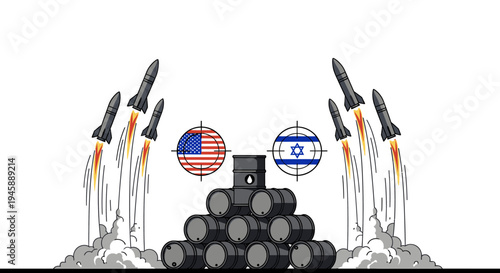 Military missiles and rockets are launched near a pile of barrels with American and Israeli flags.