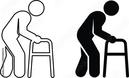 Two individuals using walking aids in different styles of posture.