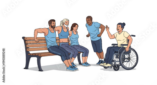 Diverse group of friends interacting with a person in a wheelchair outdoors