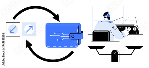 Fintech, digital payments, transaction control, banking security, exchange systems, finance workflow. Digital wallet with arrows, technician monitoring balance scale. Fintech and digital payments