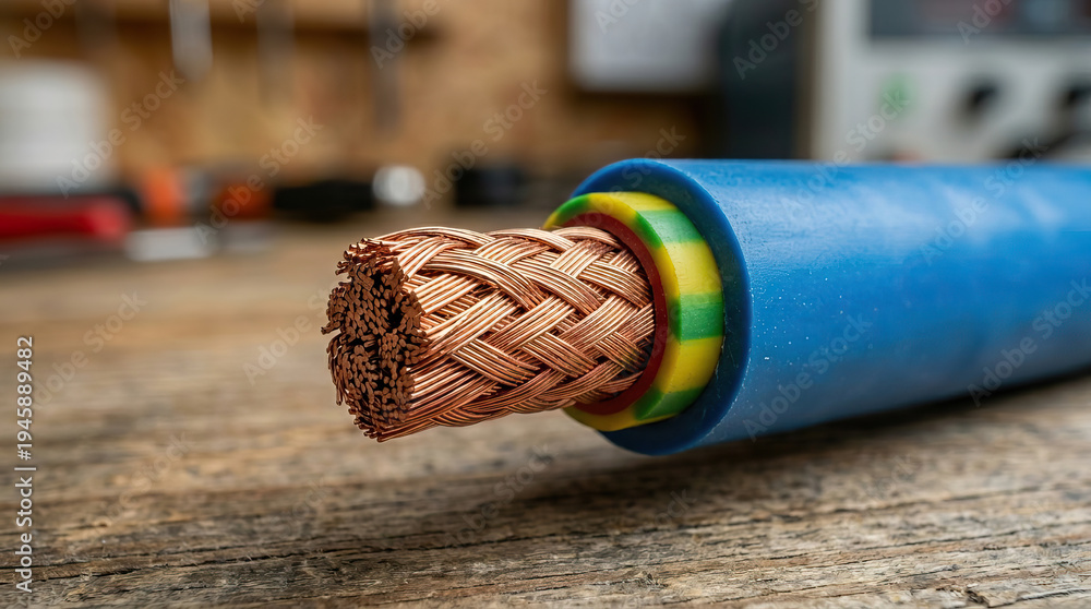 custom made wallpaper toronto digitalClose up of braided copper wire inside blue insulated cable on wooden surface showing detailed texture and color contrast
