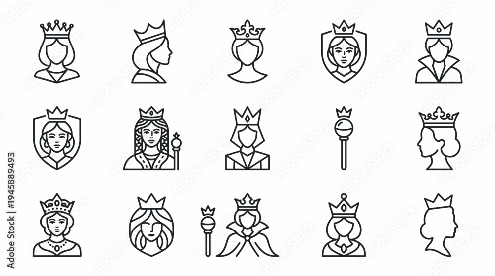 Naklejka premium Set of elegant outline icons featuring various regal queens and royal figures adorned with majestic crowns, symbolizing authority, leadership, and historical grace