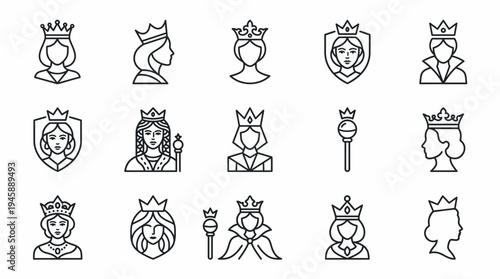 Set of elegant outline icons featuring various regal queens and royal figures adorned with majestic crowns, symbolizing authority, leadership, and historical grace