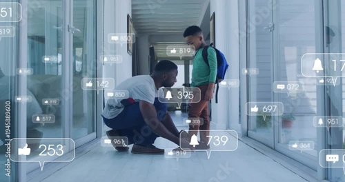 Backpack signaling leave, father kneeling tying son's shoes while icons multiplying and high-fiving