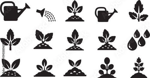 Black and white icons of plants and watering cans
