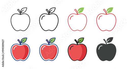 Various styles of apple icons show outline, filled, and layered graphic representations of.