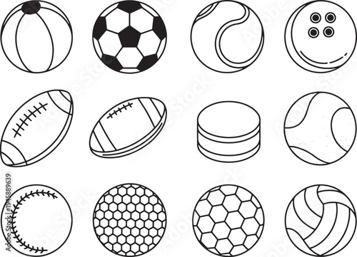Various sports balls and game equipment icons in simple line style