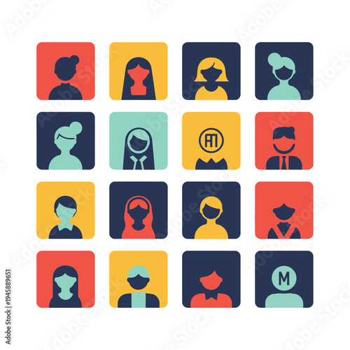 Abstract people icons in colorful squares for digital interface design