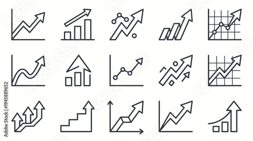 Collection of financial growth charts and upward trend line graphs showing increasing performance