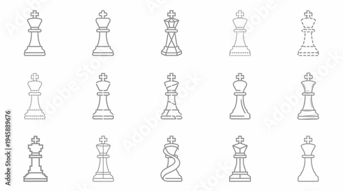 Diverse Collection of Chess King Piece Illustrations A Set of Linear Vector Art Designs for Strategic Game Concepts, Royal Symbolism, and Elegant Graphic Projects