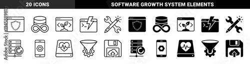 Hybrid Digital Operations and Software Development Icons Featuring Symbolic Mergers of Data Servers with Update Arrows and Code Browsers with Growing Plants
