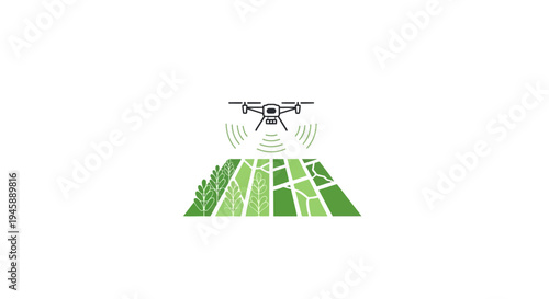 Drone flying over green farmland field.